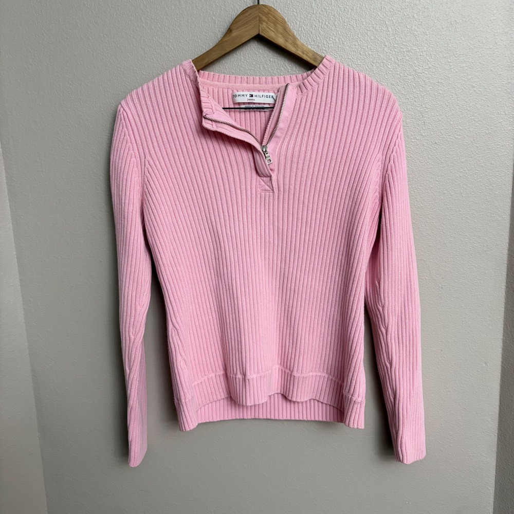 y2k Tommy Hilfiger Jeans Pink Ribbed Quarter Zip Sweater Large Preppy Coquette - Picture 1 of 8